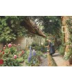 Puzzle da 1000 Pezzi - Peder Mørk Mønsted: An Old Woman Watering the Flowers Behind the Thached Fa